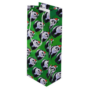 Panda Bear in Weihnachtsmannmütze auf Green Geschenktüte Für Weinflaschen
