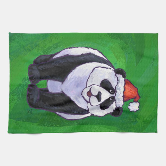 Panda Bear in Weihnachtsmannmütze auf Green Geschirrtuch (Horizontal)