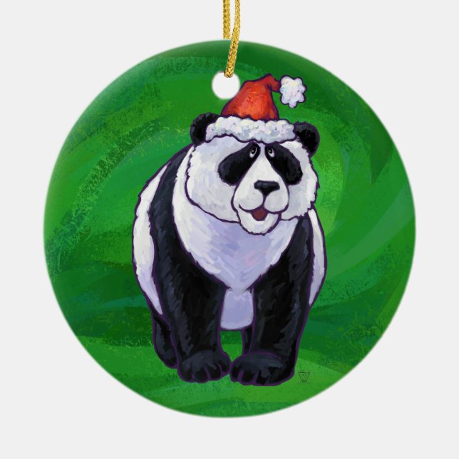 Panda Bear in Weihnachtsmannmütze auf Green Keramik Ornament (Vorne)