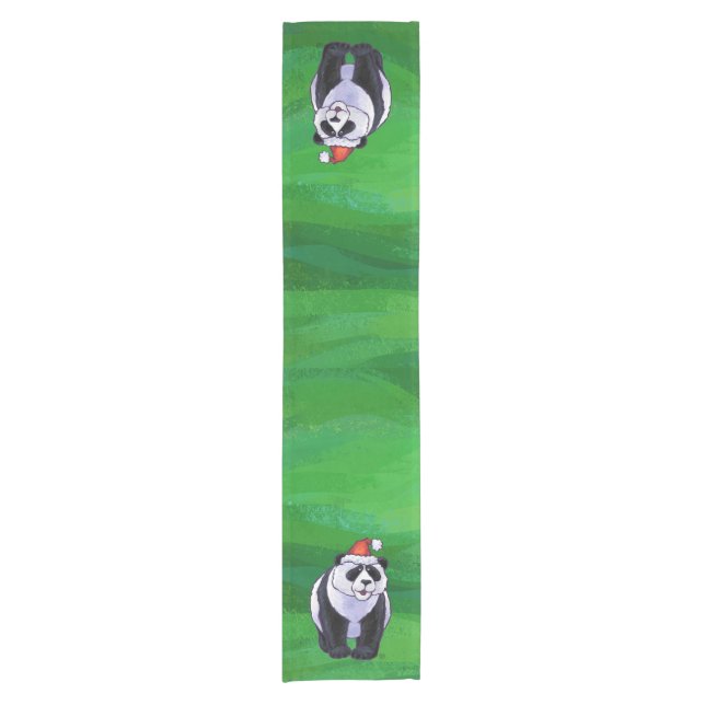 Panda Bear in Weihnachtsmannmütze auf Green Kurzer Tischläufer (Vorderseite)