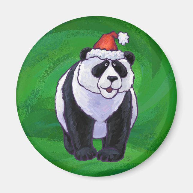 Panda Bear in Weihnachtsmannmütze auf Green Magnet (Vorne)
