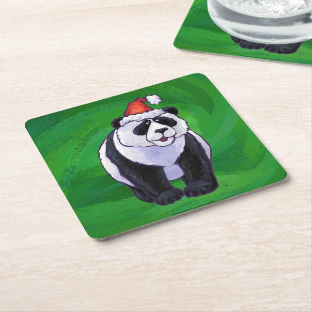 Panda Bear in Weihnachtsmannmütze auf Green Rechteckiger Pappuntersetzer (angewinkelt)