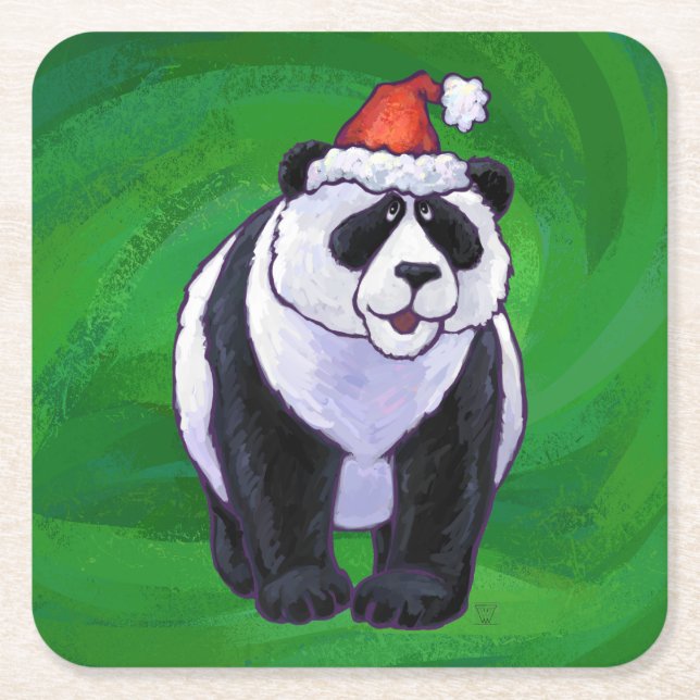 Panda Bear in Weihnachtsmannmütze auf Green Rechteckiger Pappuntersetzer (Vorderseite)