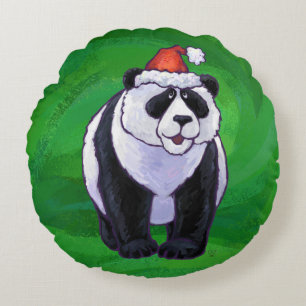 Panda Bear in Weihnachtsmannmütze auf Green Rundes Kissen