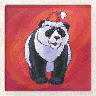 Panda Bear in Weihnachtsmannmütze auf Rot Glasuntersetzer