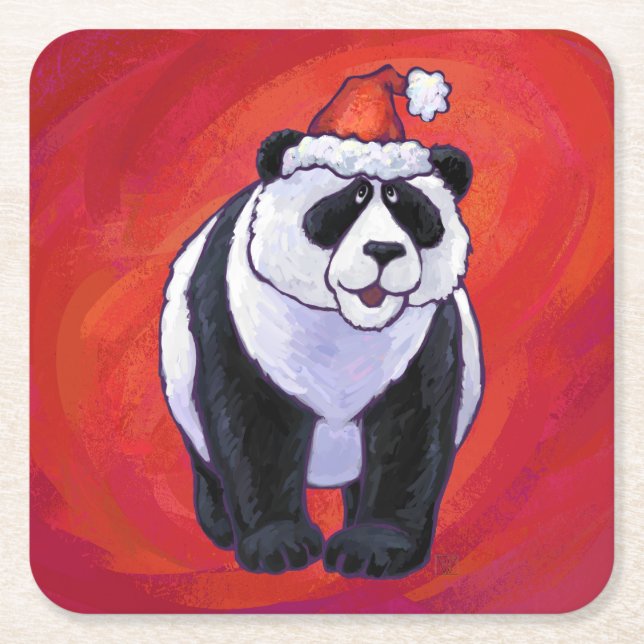 Panda Bear in Weihnachtsmannmütze auf Rot Rechteckiger Pappuntersetzer (Vorderseite)