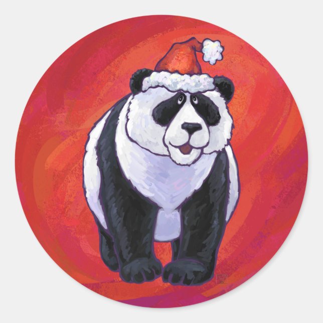 Panda Bear in Weihnachtsmannmütze auf Rot Runder Aufkleber (Vorderseite)