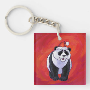 Panda Bear in Weihnachtsmannmütze auf Rot Schlüsselanhänger