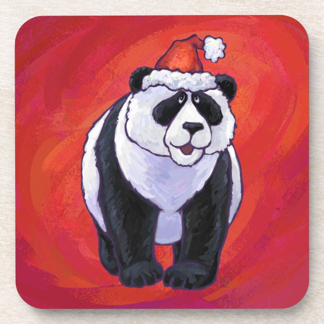 Panda Bear in Weihnachtsmannmütze auf Rot Untersetzer (Vorderseite)