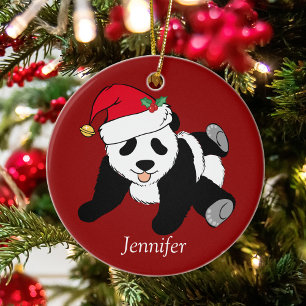 Panda Bear Kids Monogram Red Cute Custom Christmas Keramik Ornament