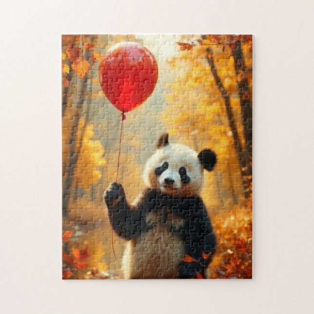 Panda Bear mit rotem Ballon im Herbst Puzzle (Vertikal)