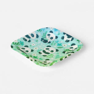 Panda Bear Muster Green Print Pappteller