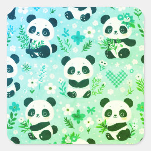 Panda Bear Muster Green Print Quadratischer Aufkleber