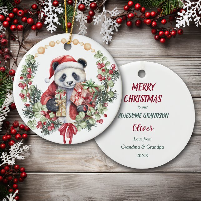 Panda Bear Wreath Grandson Weihnachten Keramik Ornament (Von Creator hochgeladen)