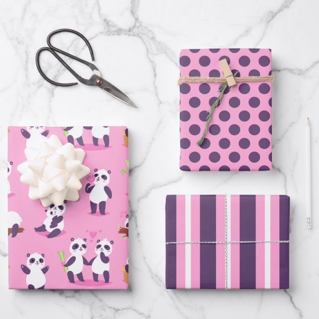 Panda Bears Wrapping Paper Set 3 Geschenkpapier Set (Vorderseite)