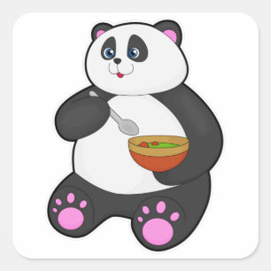 Panda beim Essen mit Spoon & Bowl Quadratischer Aufkleber