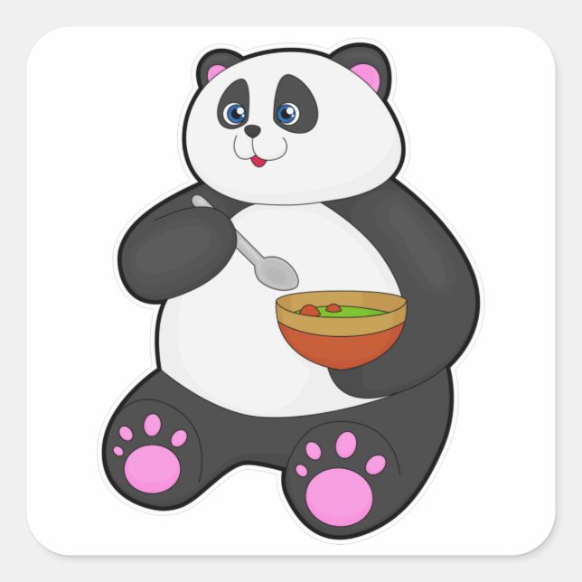 Panda beim Essen mit Spoon & Bowl Quadratischer Aufkleber (Vorderseite)