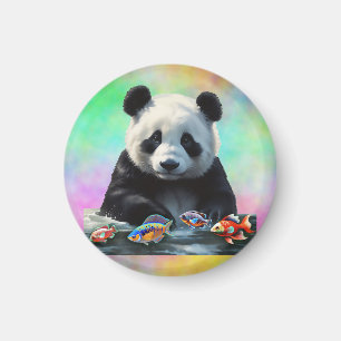 Panda betrachtet bunte Gruppe schwimmender Fische Magnet