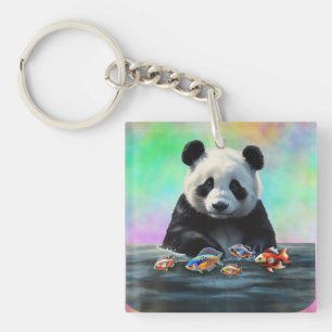 Panda betrachtet bunte Gruppe schwimmender Fische Schlüsselanhänger