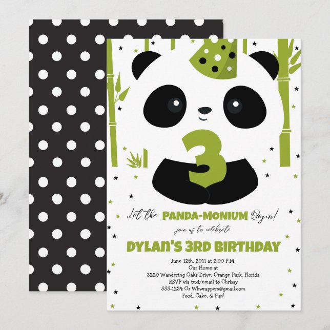 Panda Birthday Einladung für Panda Party (Vorne/Hinten)