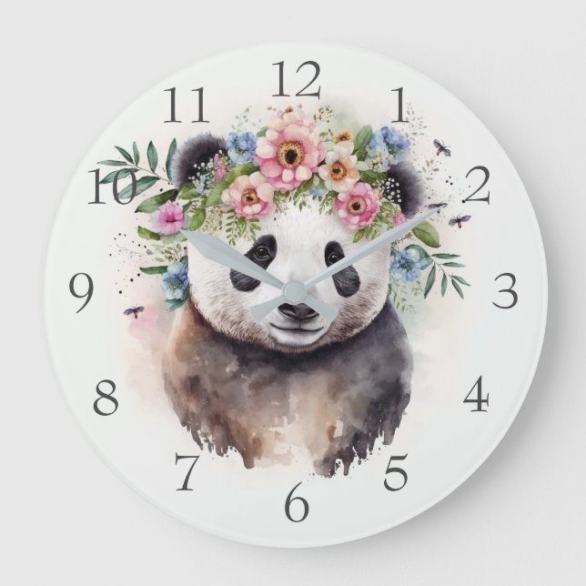 Panda Blumen Aquarell Große Wanduhr (Vorderseite)