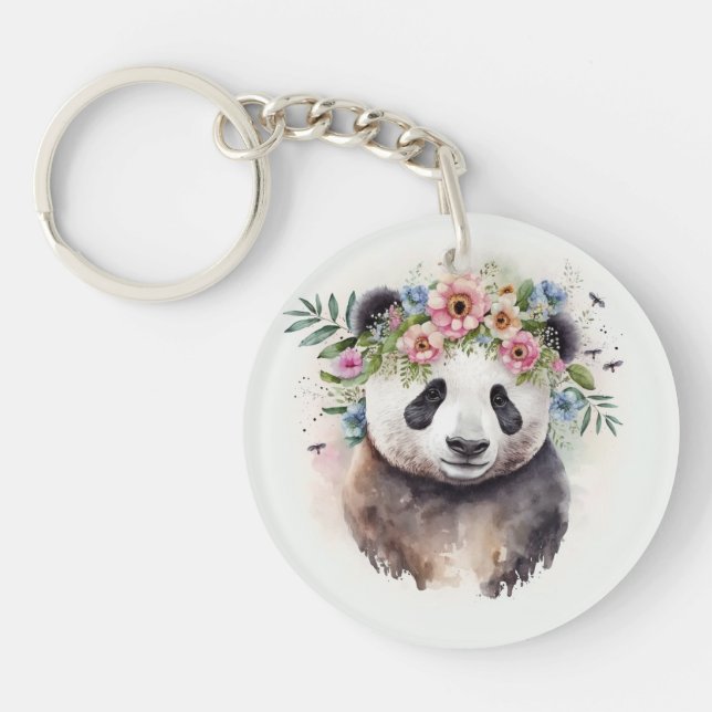 Panda Blumen Aquarell              Schlüsselanhänger (Vorderseite)