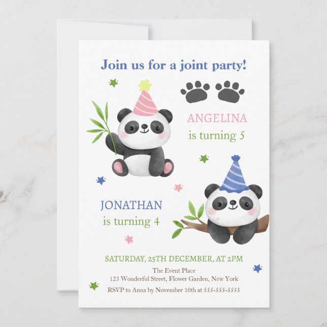 Panda Boy and Girl Joint Birthday  Einladung (Vorderseite)