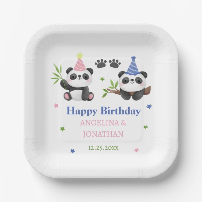 Panda Boy and Girl Joint Birthday  Pappteller (Vorderseite)