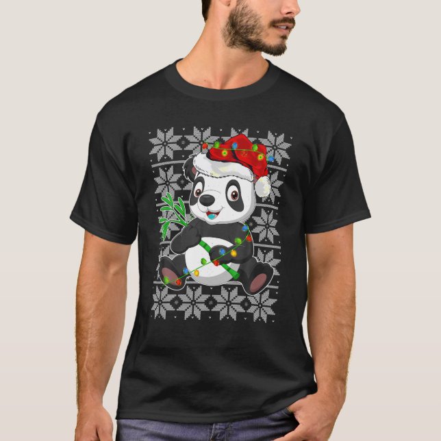 Panda Christmas Lights Rentier Weihnachtsmannmütze T-Shirt (Vorderseite)