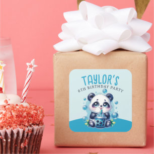 Panda Drinking Blue Boba Bubble Tea Geburtstagspar Quadratischer Aufkleber