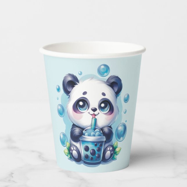 Panda Drinking Blue Boba Bubble Tee Pappbecher (Vorderseite)