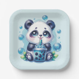 Panda Drinking Blue Boba Bubble Tee Pappteller
