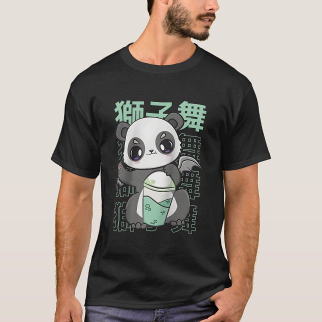 Panda Drinking Bubble Milk Tea Mochi Animals Kanji T-Shirt (Vorderseite)