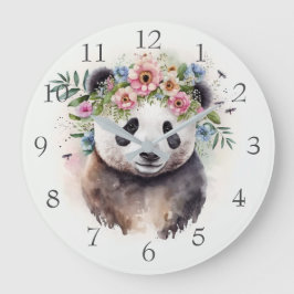 Panda Flowers Watercolor Große Wanduhr