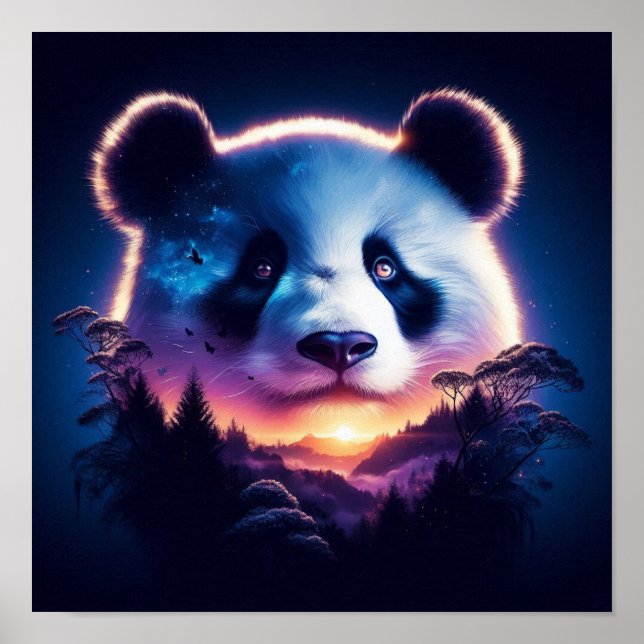 Panda Gesicht mit Surreal Forest und Sunset Poster (Vorne)