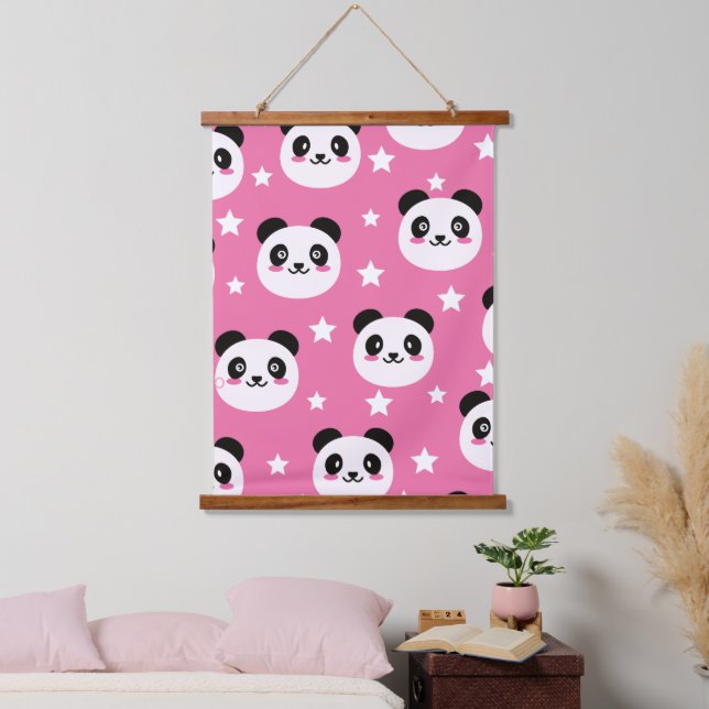 Panda-Illustration Wandteppich Mit Holzrahmen (Schlafzimmer)