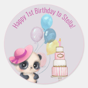 Panda in Pink Hat   1. Geburtstag des Kindes Runder Aufkleber
