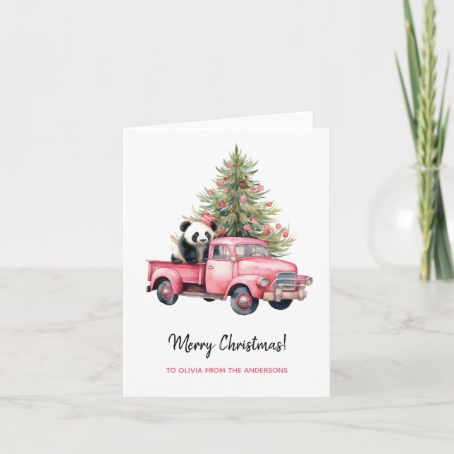 Panda in Retro Pink Truck Weihnachtsbaum Karte (Vorderseite)