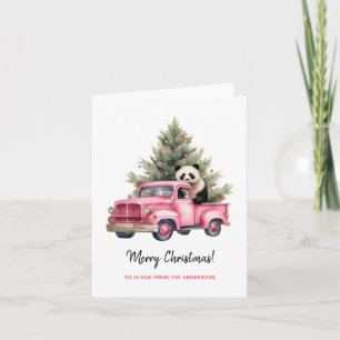 Panda in rosaem Vintage-LKW-Weihnachten Karte