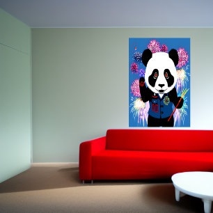 Panda in Uniform und Feuerwerk   AI Art Poster