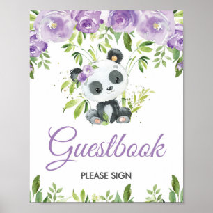 Panda Lila Floral Greenery Bamboo Gästebuchuntersc Poster