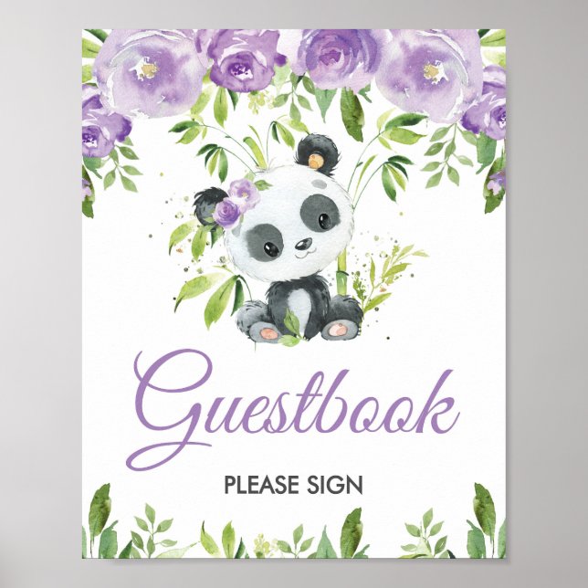 Panda Lila Floral Greenery Bamboo Gästebuchuntersc Poster (Vorne)