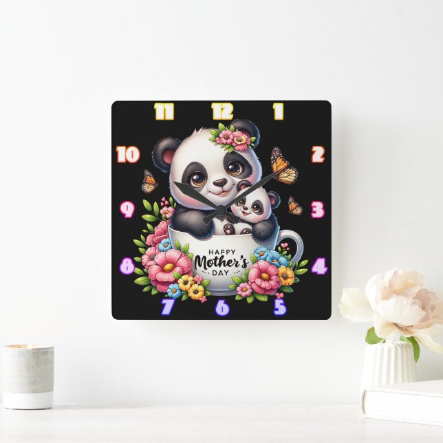 Panda-Mama: Cub, Blume, Muttertag Quadratische Wanduhr (Zuhause)