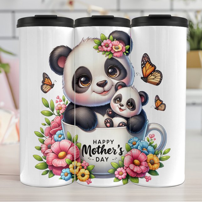 Panda-Mama: Cub, Blume, Muttertag Thermosbecher (Von Creator hochgeladen)