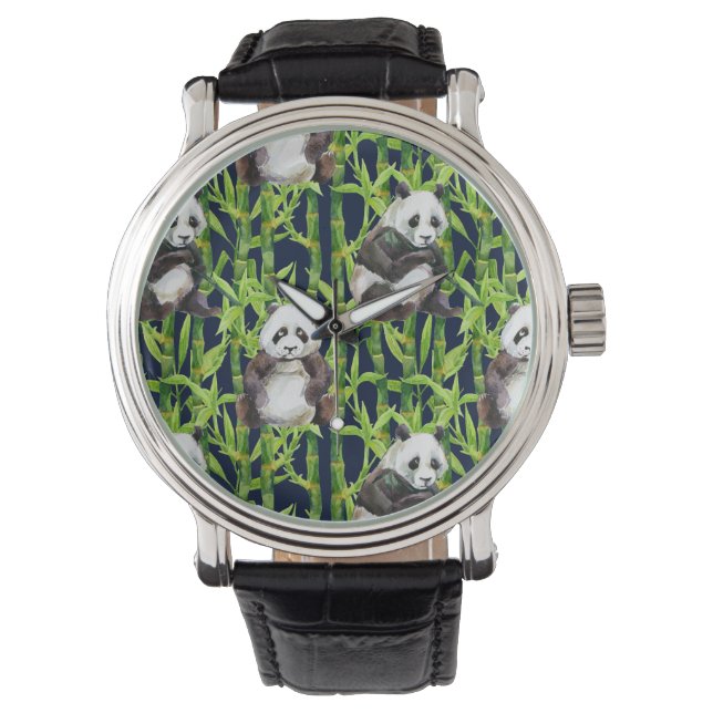 Panda mit Bambus Wasserfarbmuster Armbanduhr (Vorderseite)