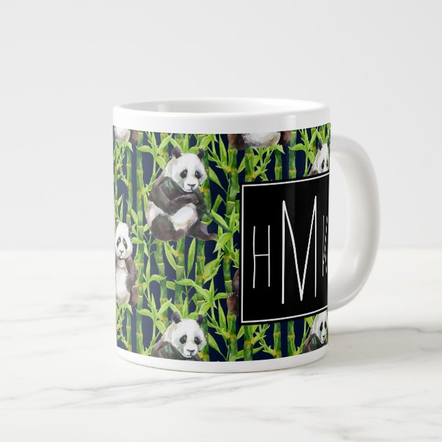 Panda mit Bambus Wasserfarbmuster| Monogramm Jumbo-Tasse (Vorderseite Rechts)