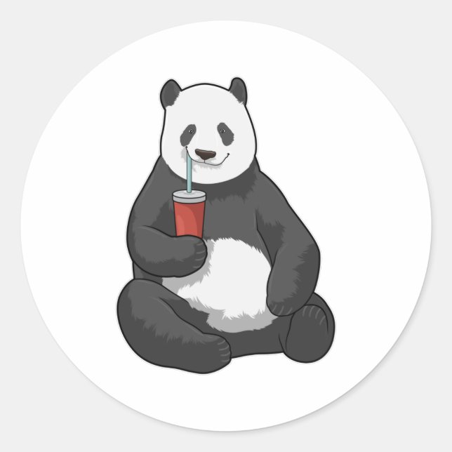 Panda mit Drink Runder Aufkleber (Vorderseite)