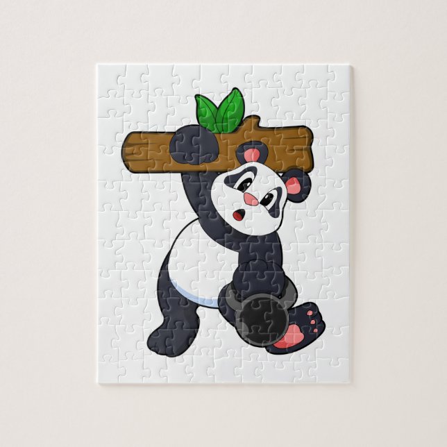 Panda mit Holz bei Krafttraining Puzzle (Vertikal)