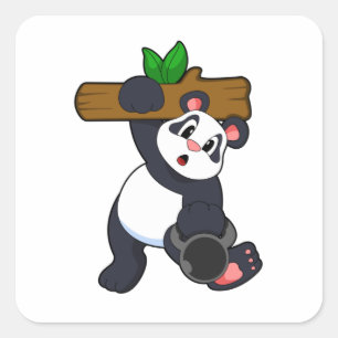 Panda mit Holz bei Krafttraining Quadratischer Aufkleber