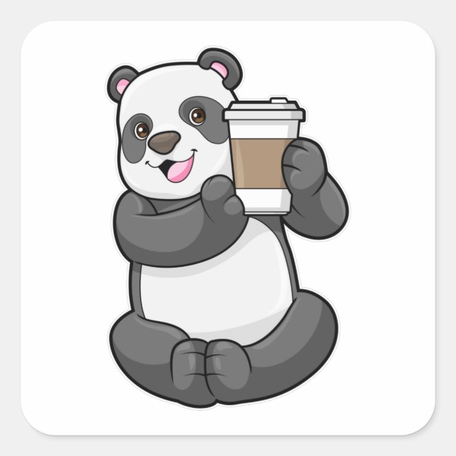 Panda mit Kaffee zum Mitnehmen Quadratischer Aufkleber (Vorderseite)